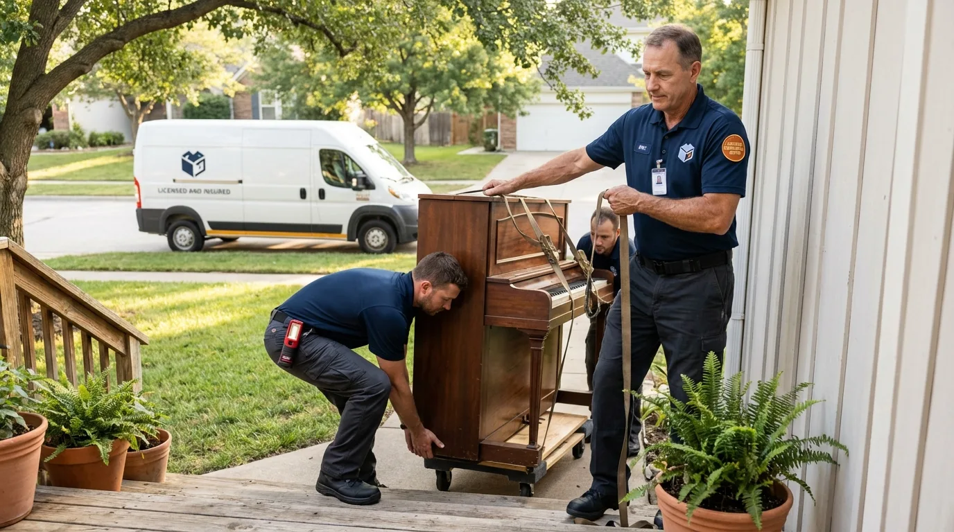 Licensed piano movers securing grand piano in Grundy, VA