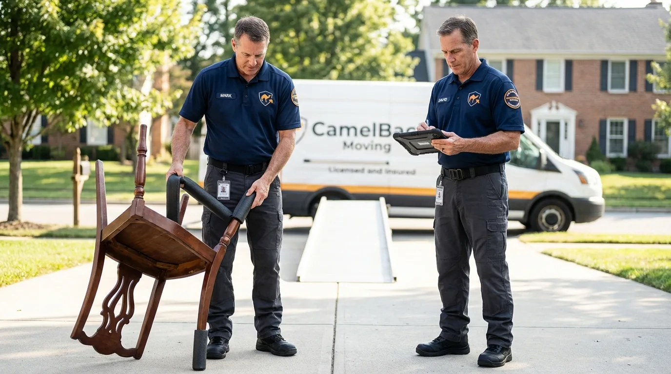 Movers inspecting furniture for damage prevention before loading in Grundy, VA